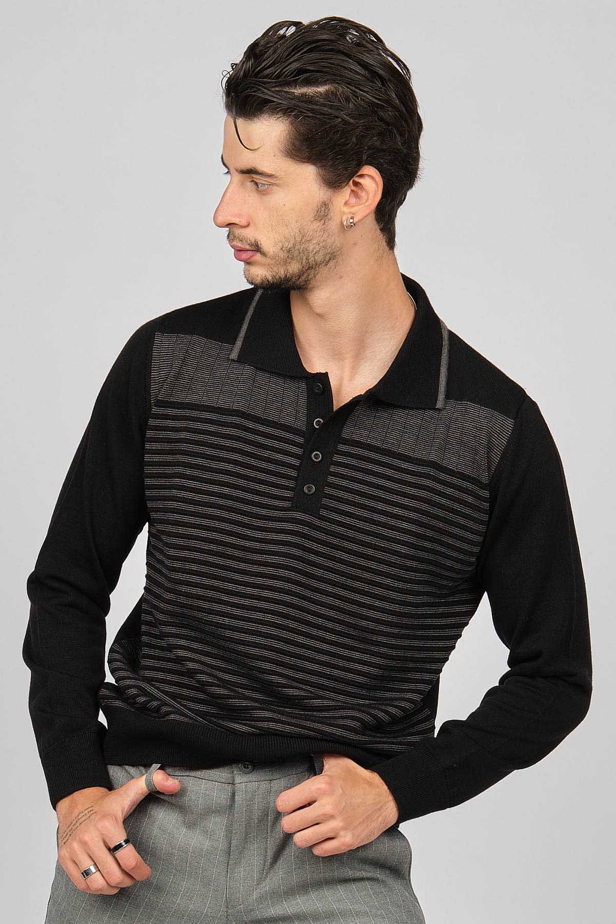 Desen Triko Erkek Desenli Polo Yaka Yün Kazak 0249642 Siyah - 3