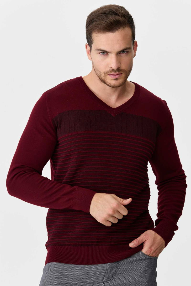 Desen Triko Erkek Desenli V Yaka Yün Kazak 0249640 Bordo - Desen Triko