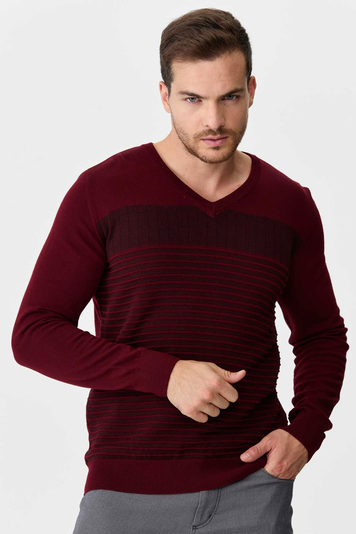 Desen Triko Erkek Desenli V Yaka Yün Kazak 0249640 Bordo - 1