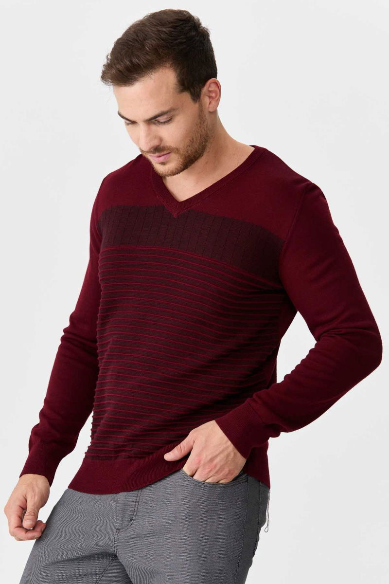 Desen Triko Erkek Desenli V Yaka Yün Kazak 0249640 Bordo - 2