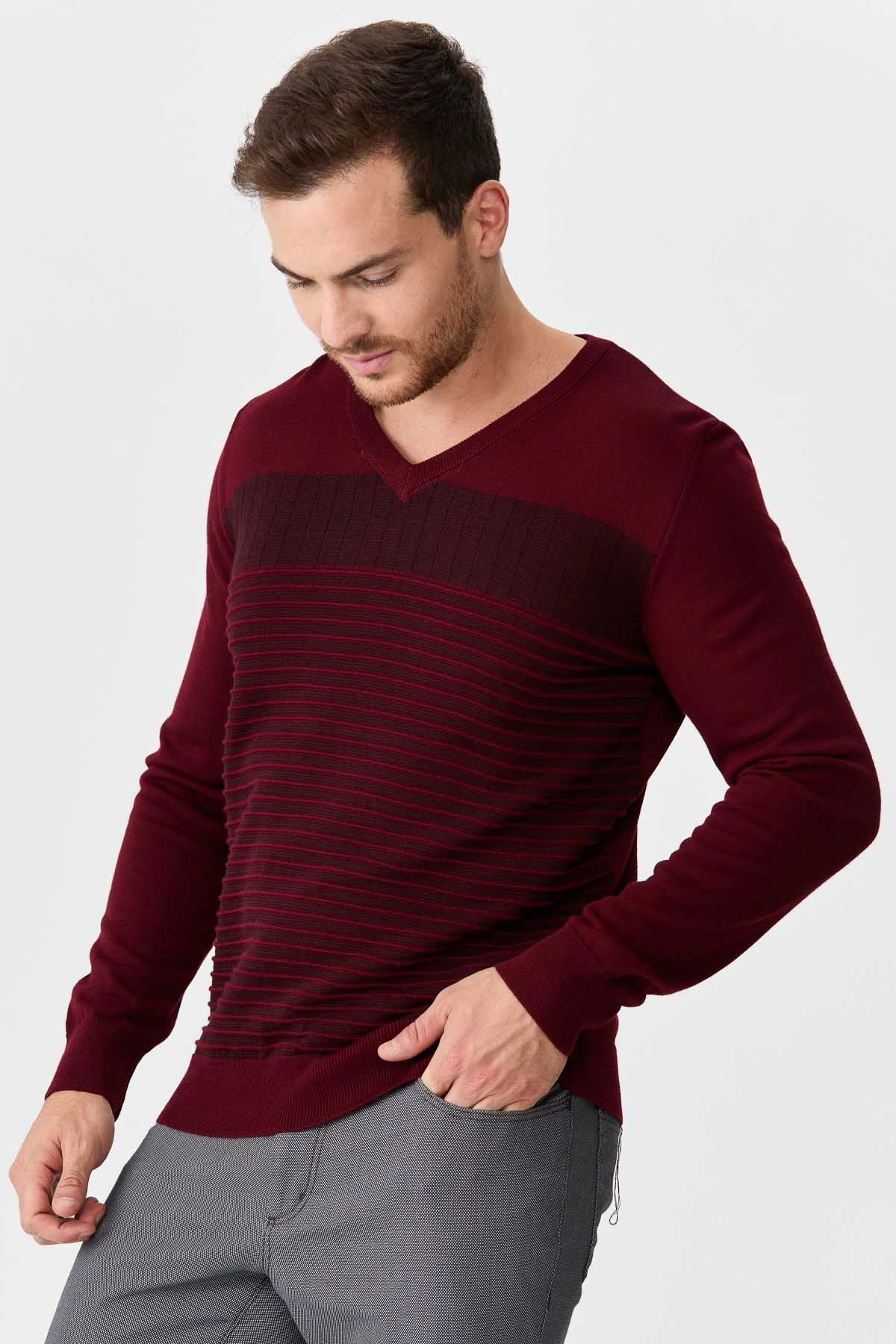 Desen Triko Erkek Desenli V Yaka Yün Kazak 0249640 Bordo - 2