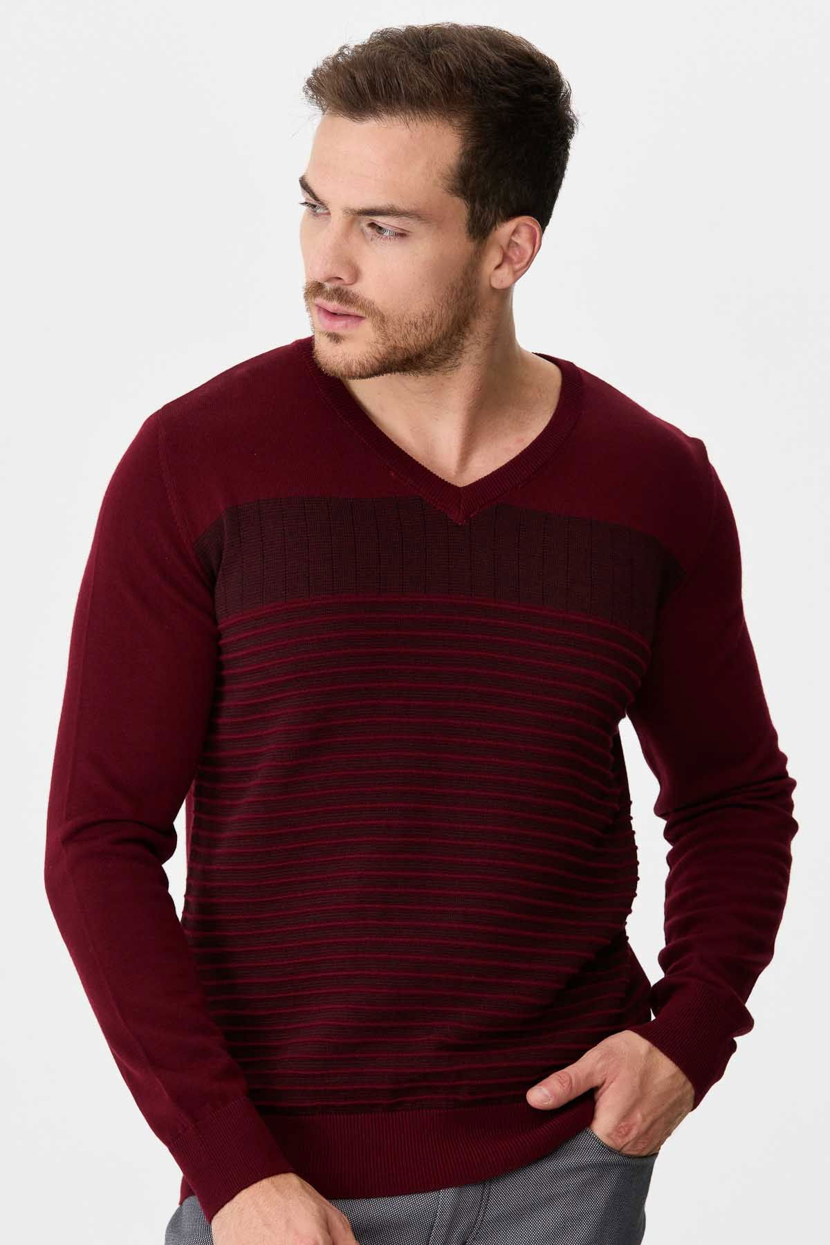 Desen Triko Erkek Desenli V Yaka Yün Kazak 0249640 Bordo - 3
