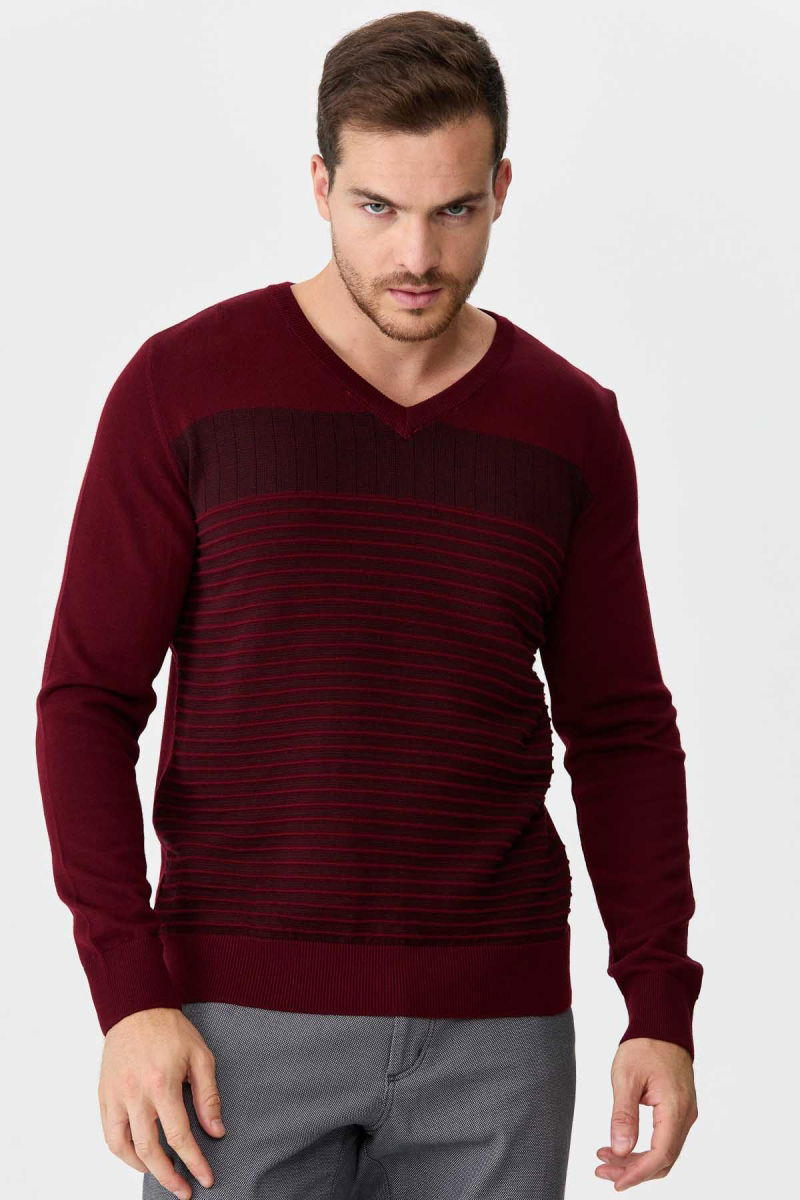 Desen Triko Erkek Desenli V Yaka Yün Kazak 0249640 Bordo - 4