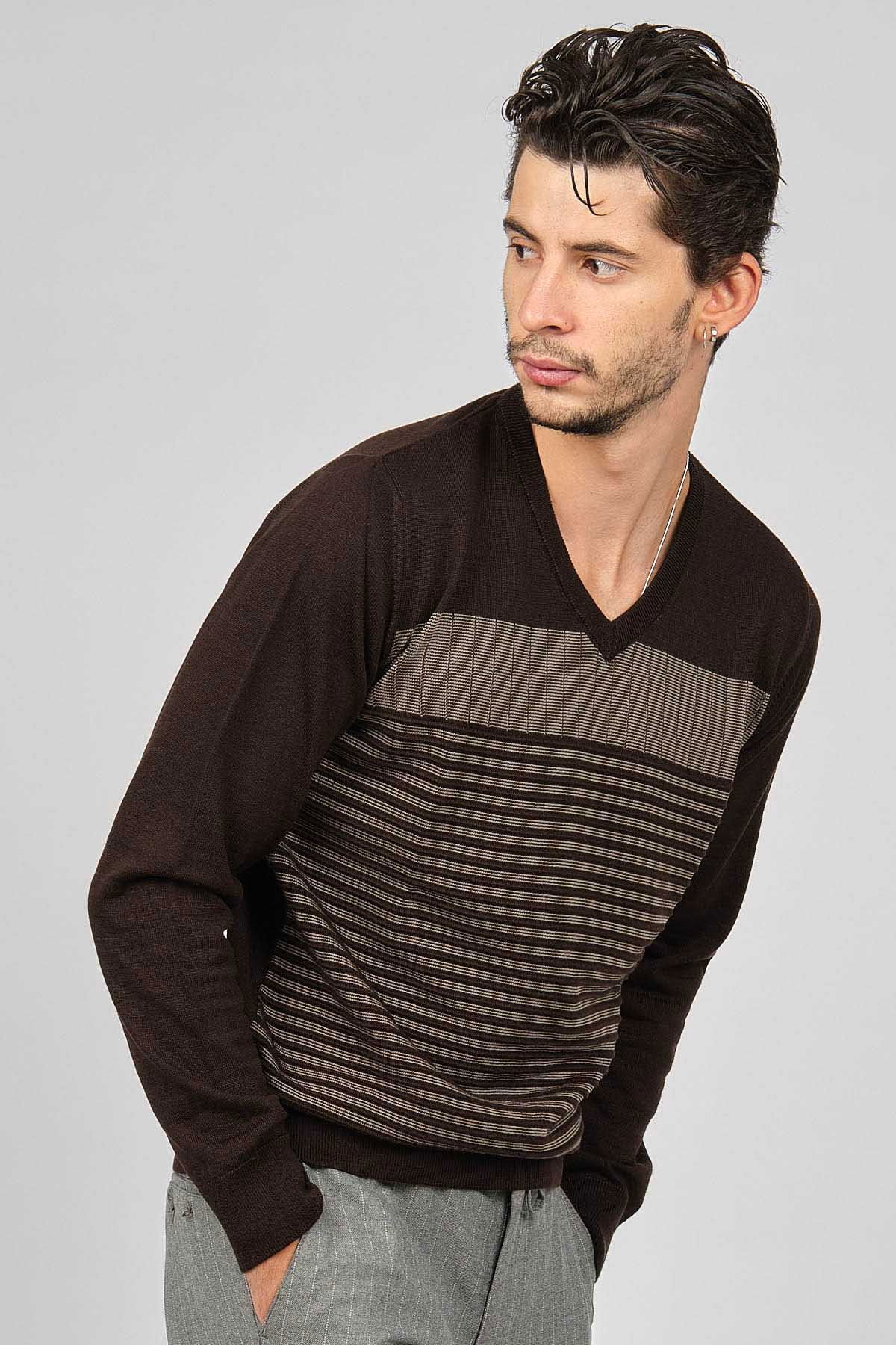 Desen Triko Erkek Desenli V Yaka Yün Kazak 0249640 Kahverengi - 1