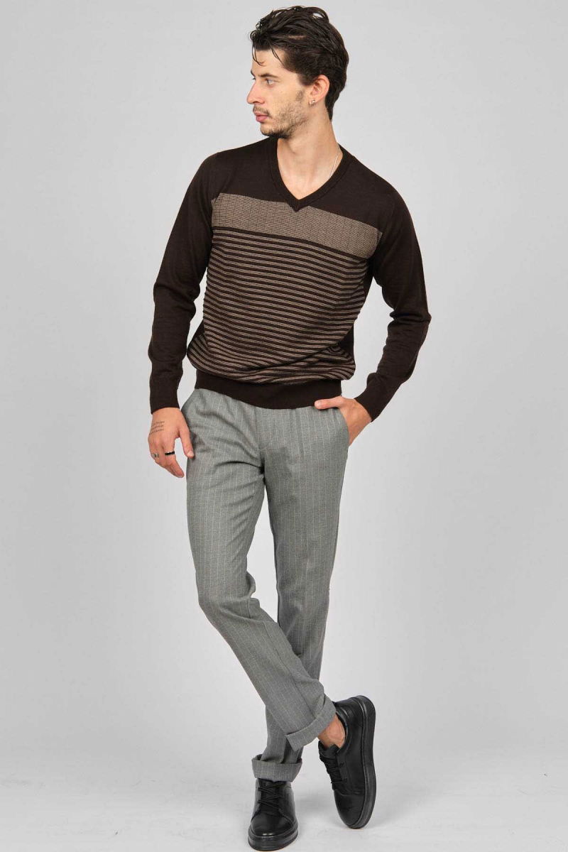 Desen Triko Erkek Desenli V Yaka Yün Kazak 0249640 Kahverengi - 2