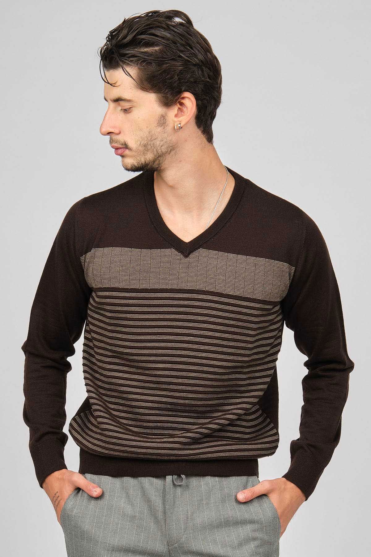 Desen Triko Erkek Desenli V Yaka Yün Kazak 0249640 Kahverengi - 3