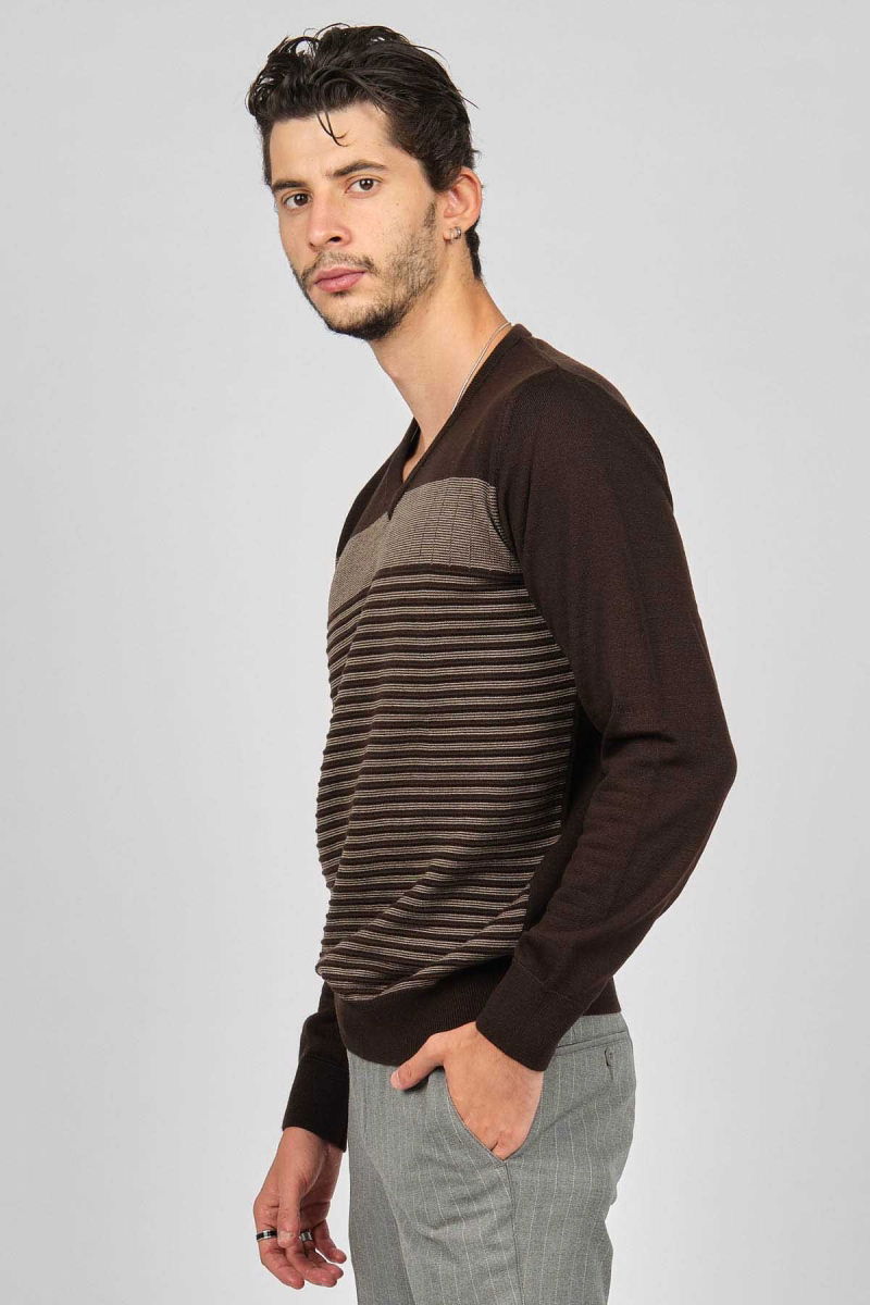 Desen Triko Erkek Desenli V Yaka Yün Kazak 0249640 Kahverengi - 4