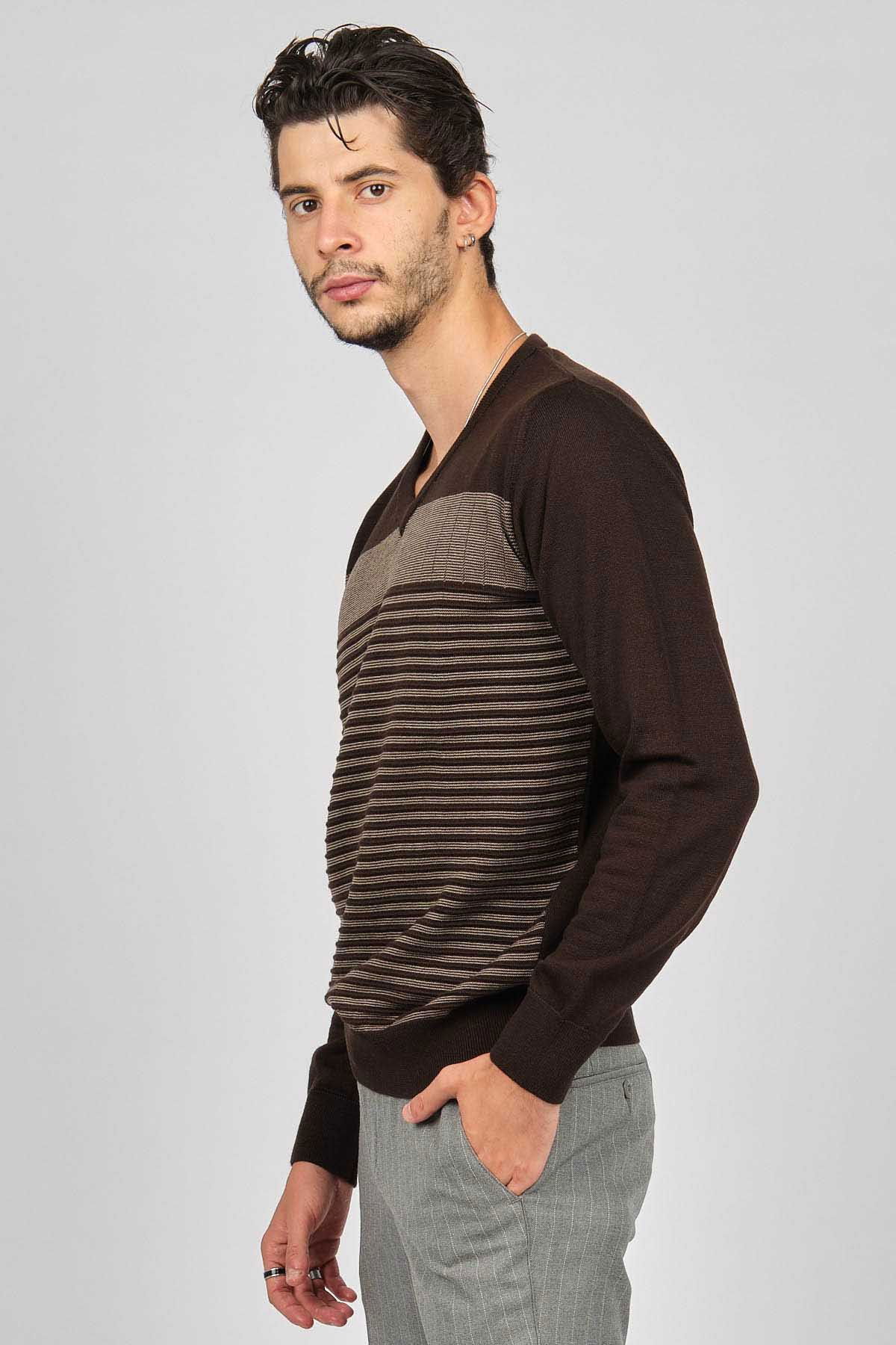 Desen Triko Erkek Desenli V Yaka Yün Kazak 0249640 Kahverengi - 4