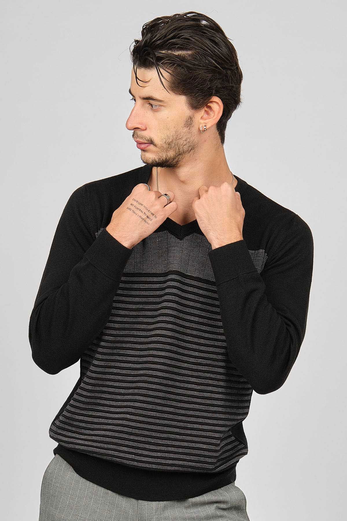 Desen Triko Erkek Desenli V Yaka Yün Kazak 0249640 Siyah - 1