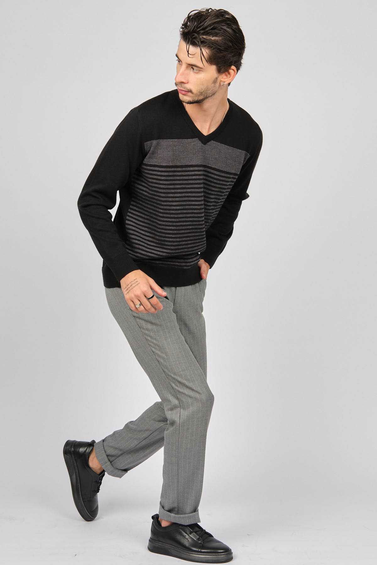 Desen Triko Erkek Desenli V Yaka Yün Kazak 0249640 Siyah - 2