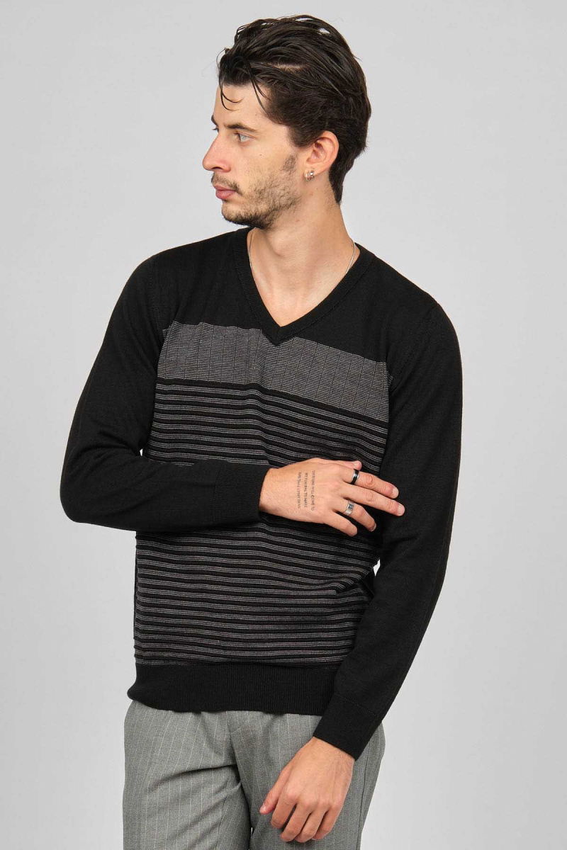 Desen Triko Erkek Desenli V Yaka Yün Kazak 0249640 Siyah - 3