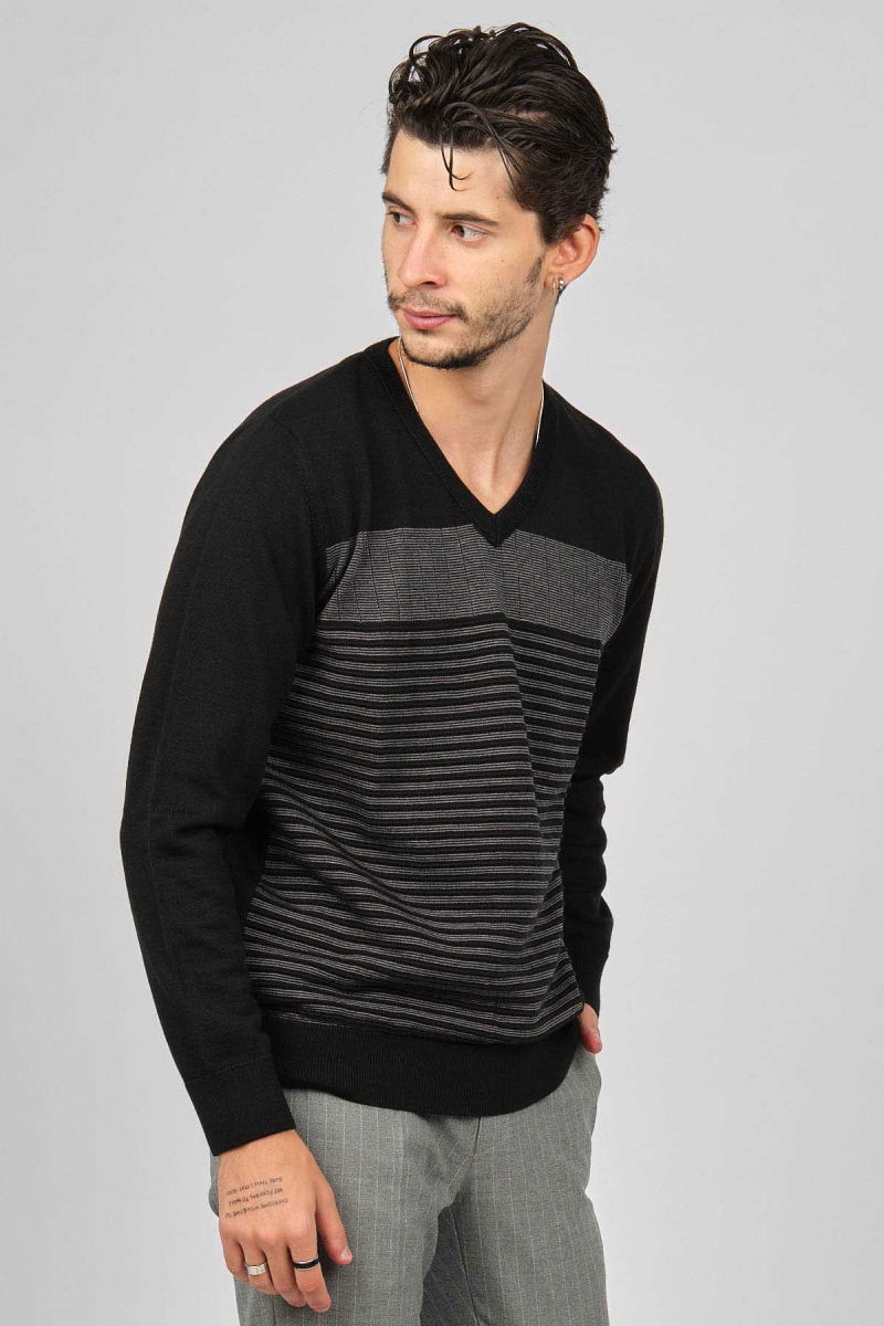 Desen Triko Erkek Desenli V Yaka Yün Kazak 0249640 Siyah - 4