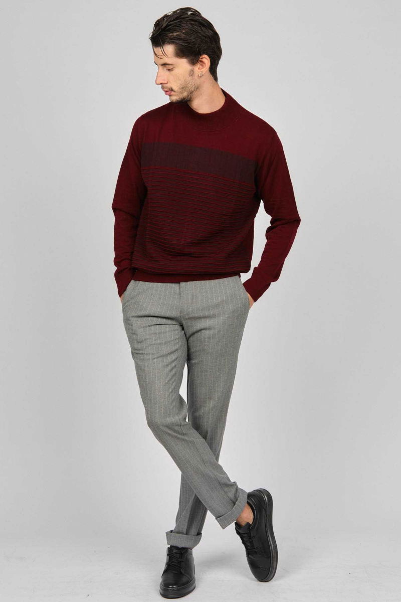 Desen Triko Erkek Desenli Yarım Balıkçı Yün Kazak 0249641 Bordo - 2