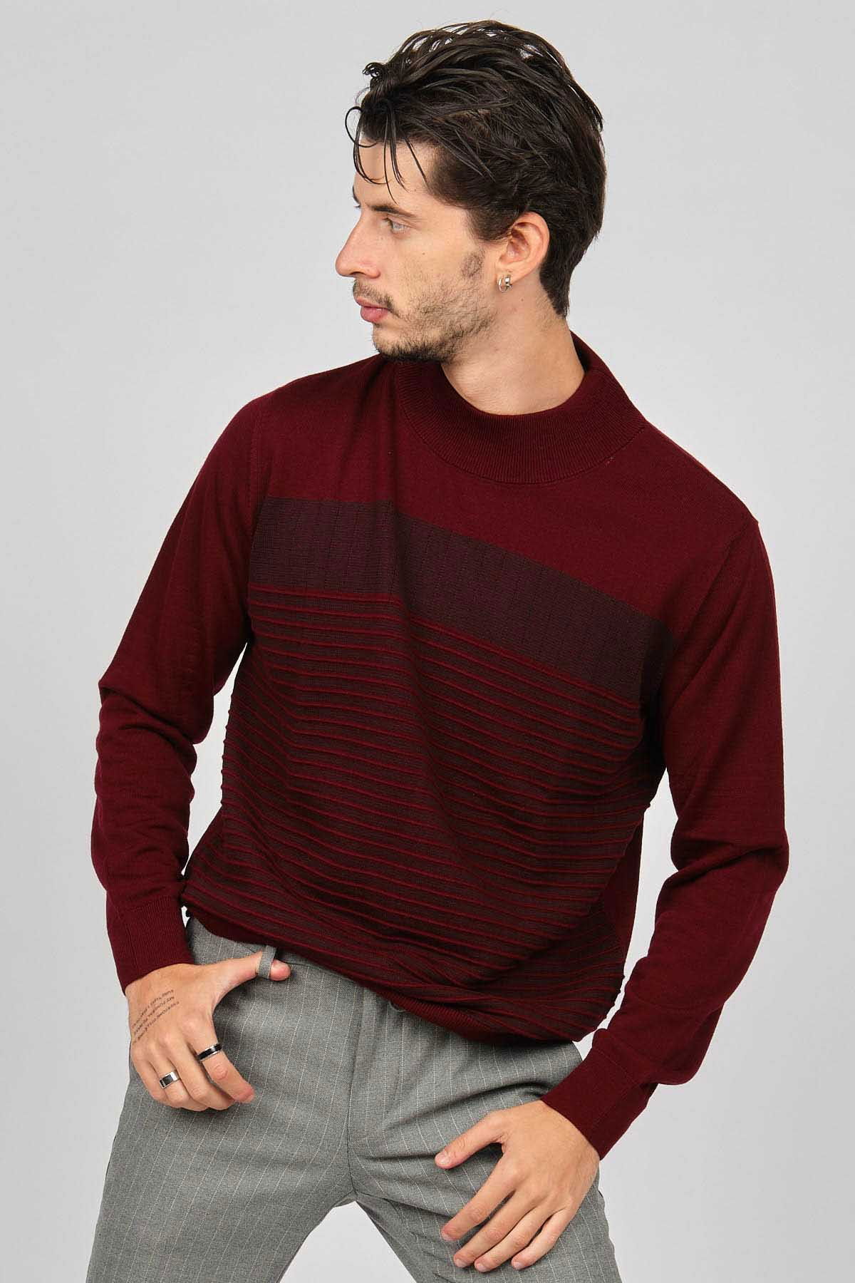 Desen Triko Erkek Desenli Yarım Balıkçı Yün Kazak 0249641 Bordo - 3