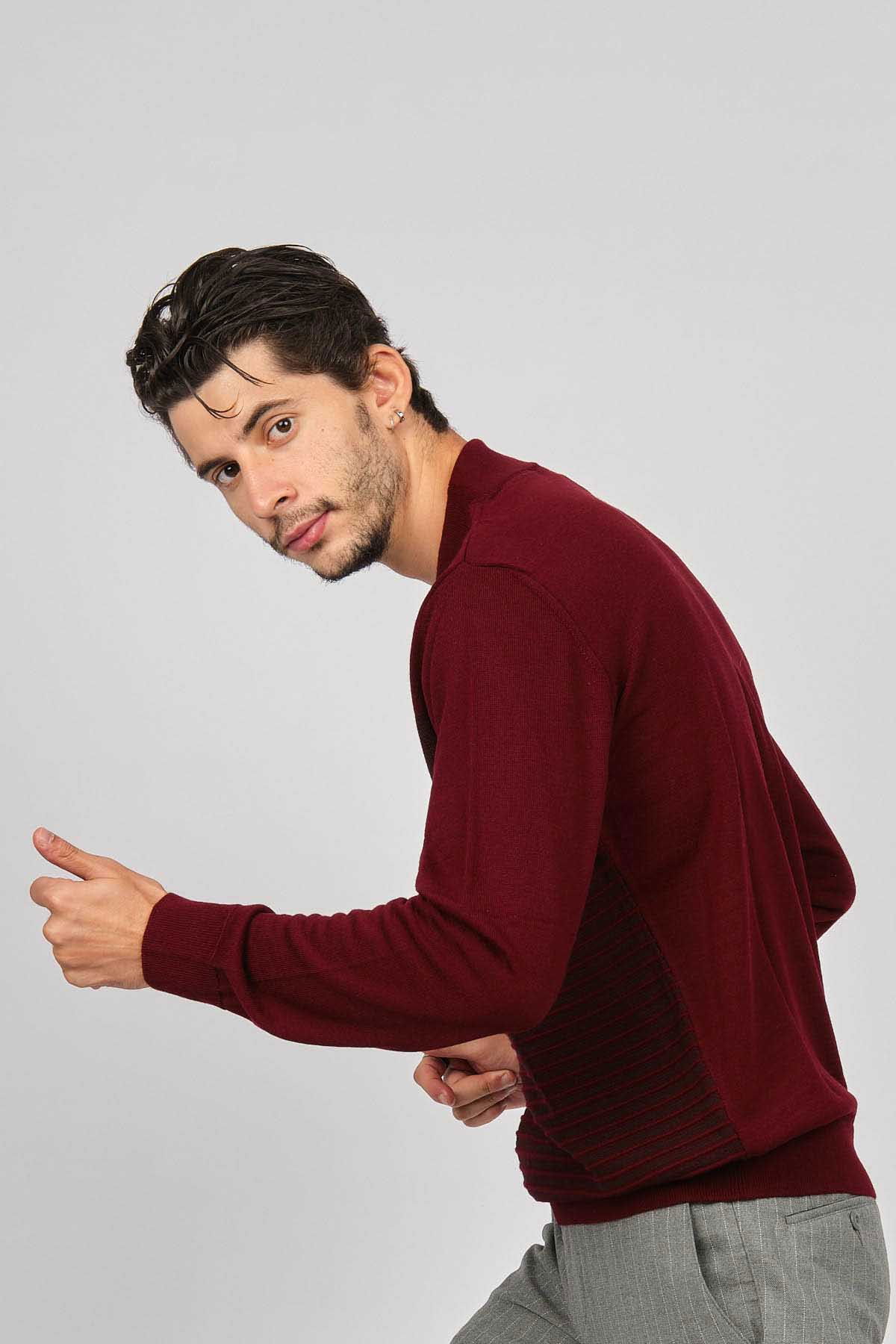 Desen Triko Erkek Desenli Yarım Balıkçı Yün Kazak 0249641 Bordo - 4