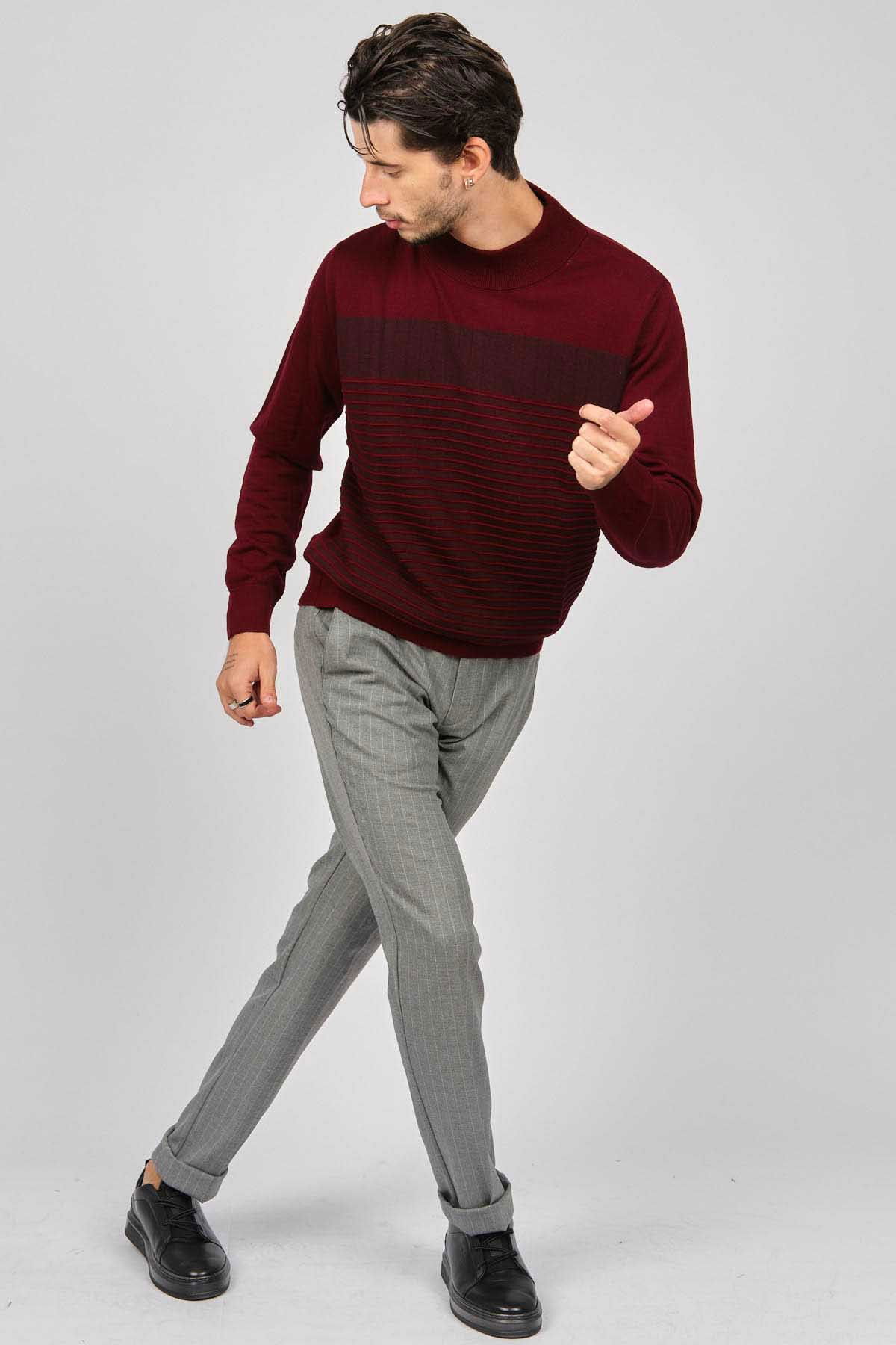 Desen Triko Erkek Desenli Yarım Balıkçı Yün Kazak 0249641 Bordo - 6