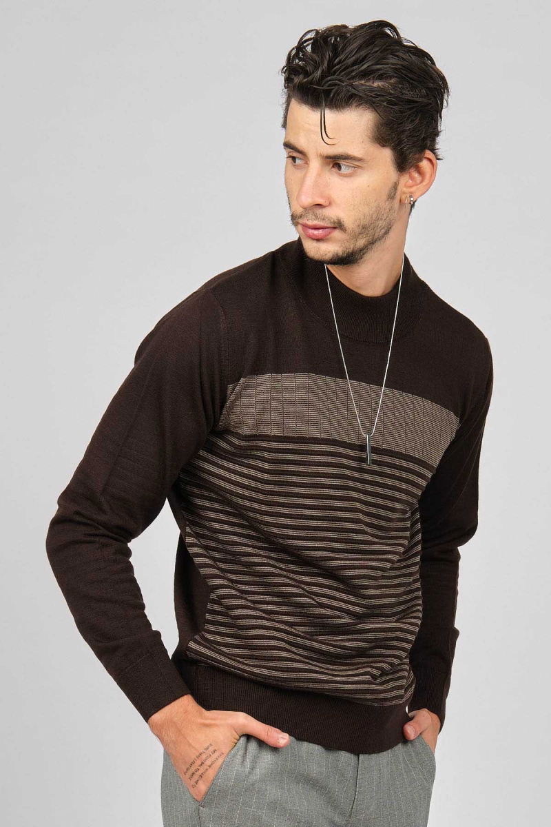 Desen Triko Erkek Desenli Yarım Balıkçı Yün Kazak 0249641 Kahverengi - Desen Triko