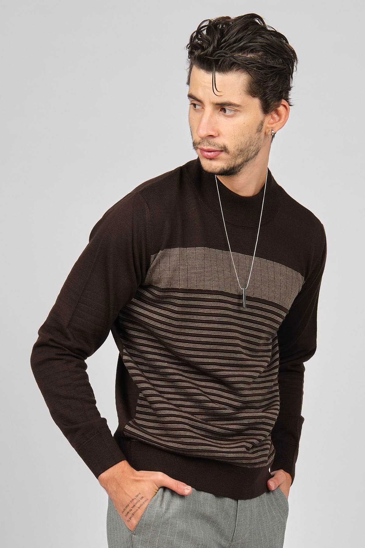 Desen Triko Erkek Desenli Yarım Balıkçı Yün Kazak 0249641 Kahverengi - 1