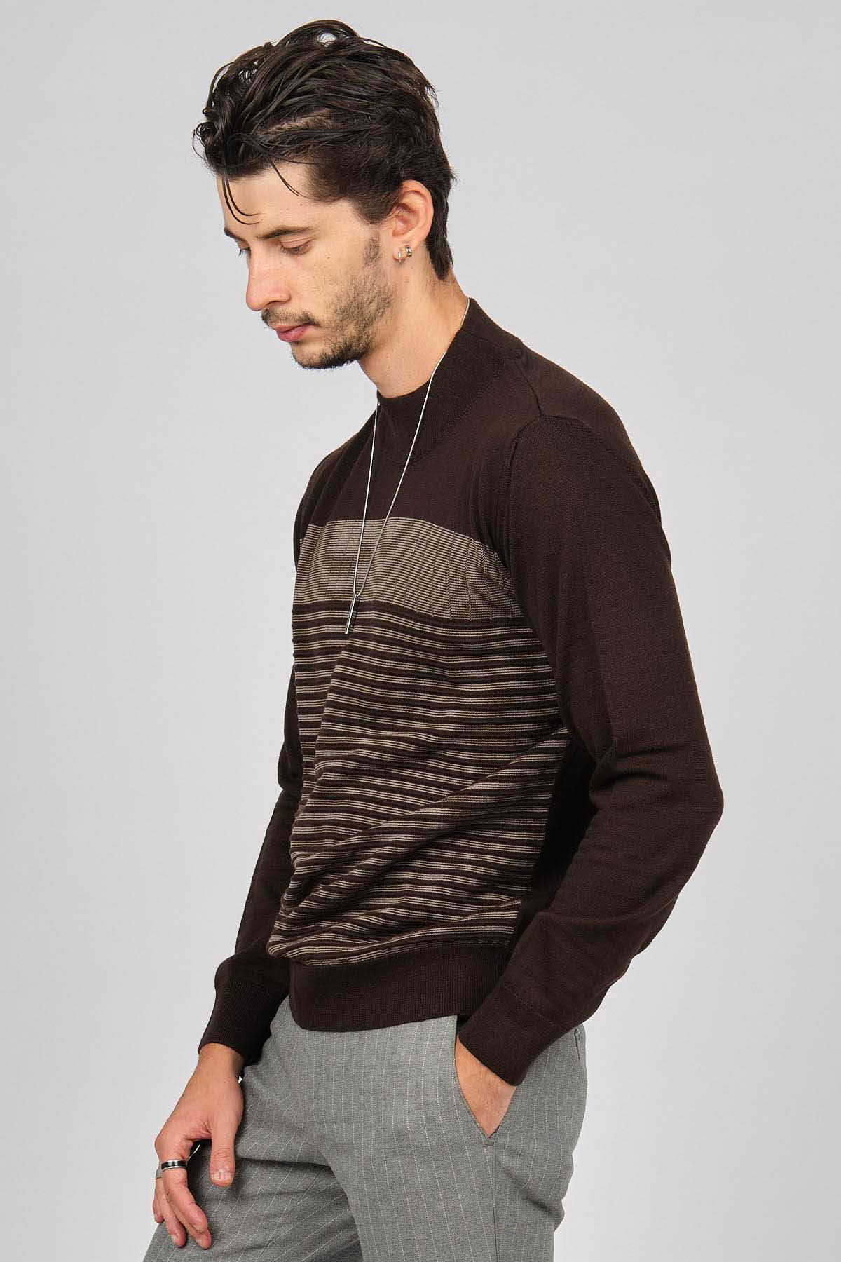 Desen Triko Erkek Desenli Yarım Balıkçı Yün Kazak 0249641 Kahverengi - 3