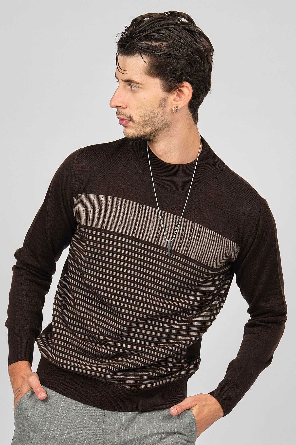 Desen Triko Erkek Desenli Yarım Balıkçı Yün Kazak 0249641 Kahverengi - 4