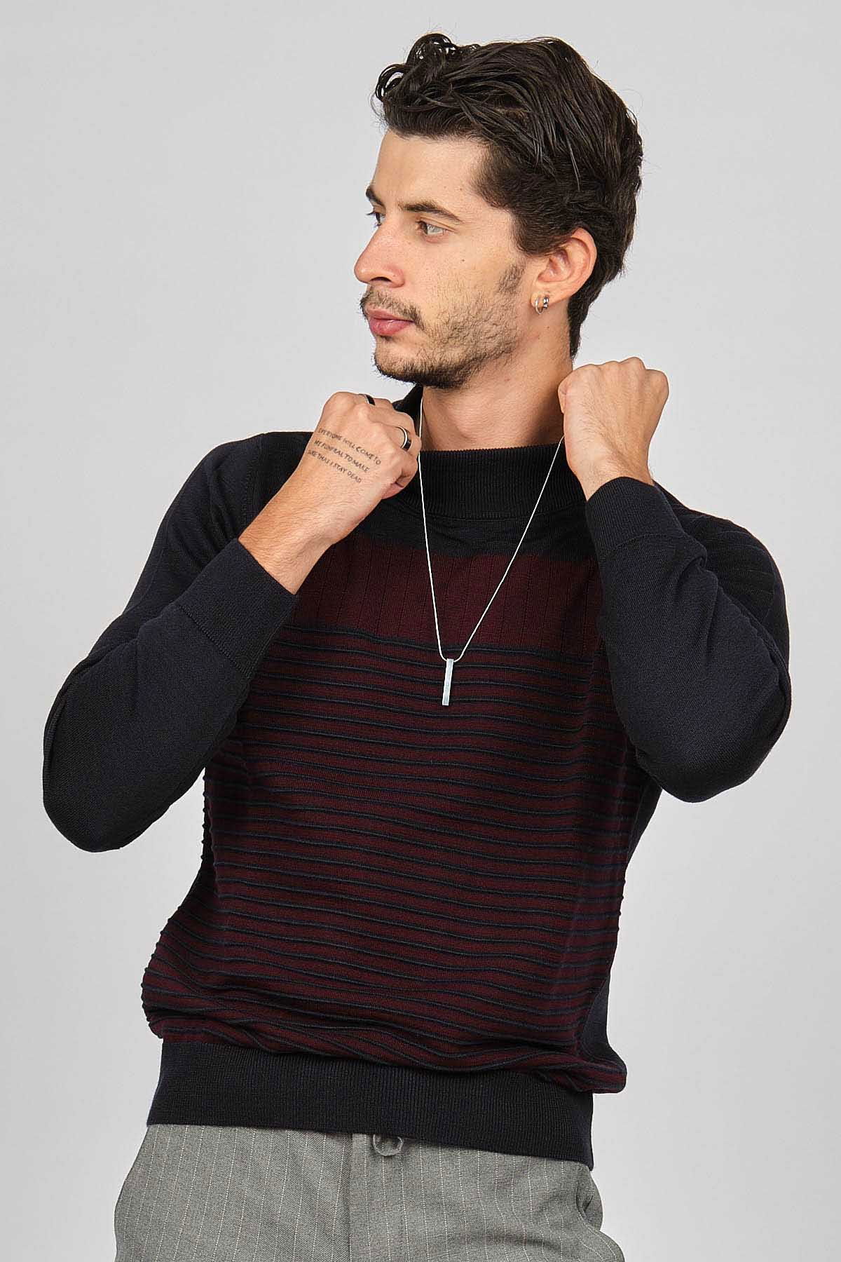 Desen Triko Erkek Desenli Yarım Balıkçı Yün Kazak 0249641 Lacivert - 1