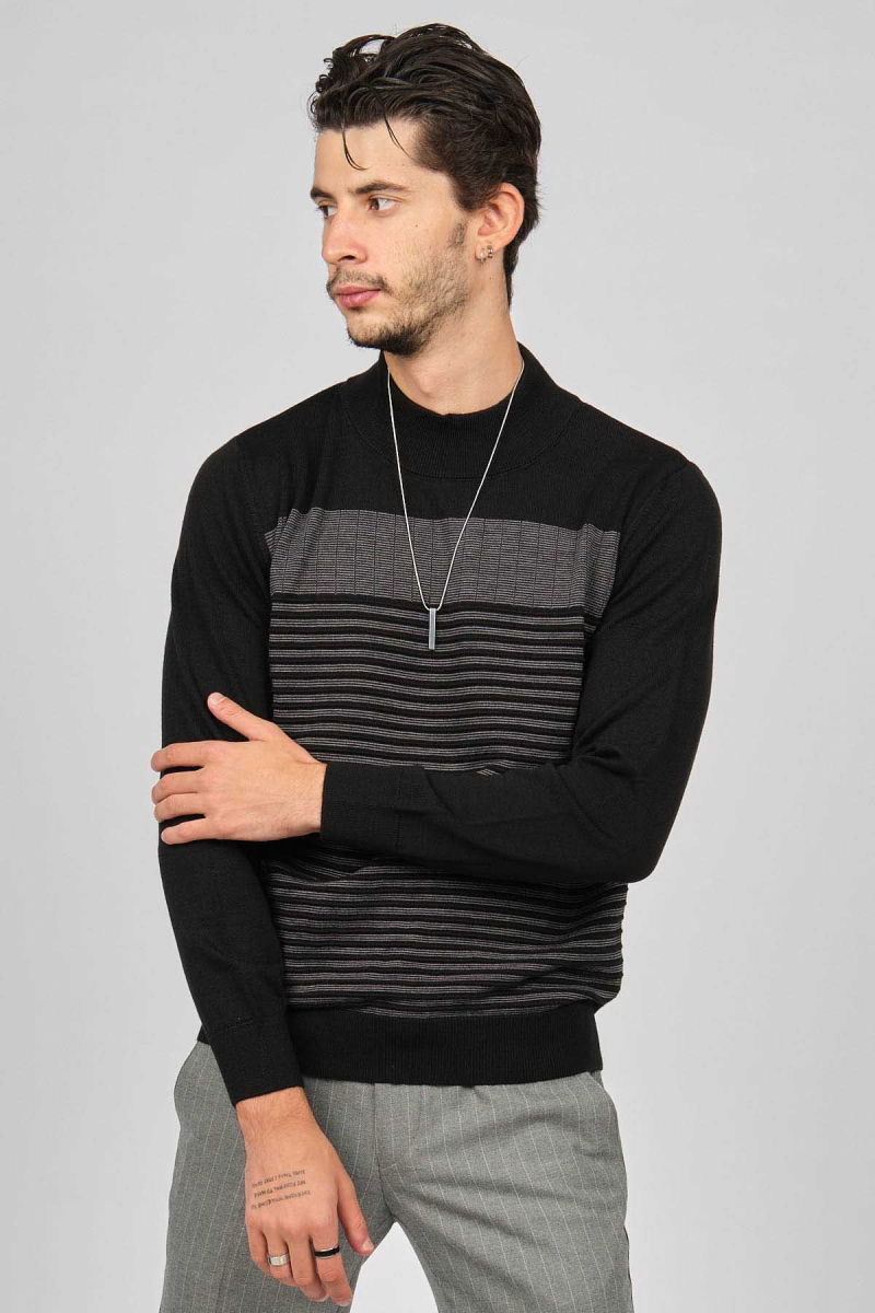 Desen Triko Erkek Desenli Yarım Balıkçı Yün Kazak 0249641 Siyah - Desen Triko