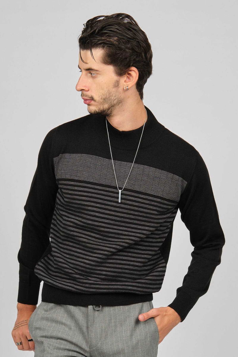 Desen Triko Erkek Desenli Yarım Balıkçı Yün Kazak 0249641 Siyah - 3