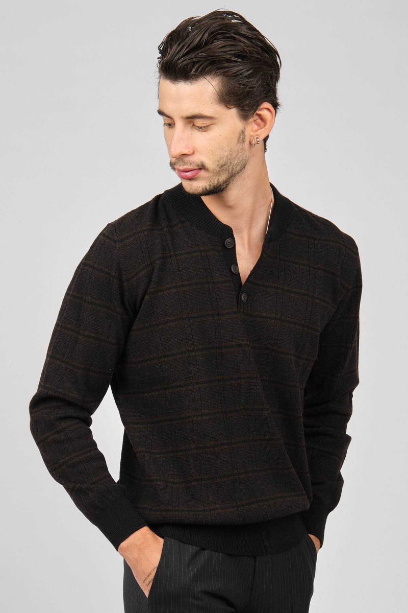 Desen Triko Erkek Düğmeli Yarım Balıkçı Desenli Saf Yün Kazak 0246571 Kahverengi - Desen Triko