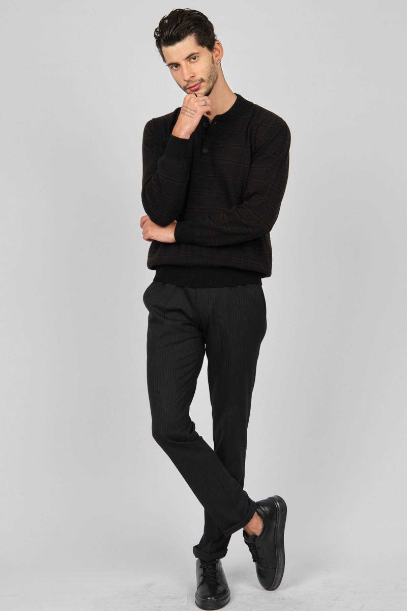 Desen Triko Erkek Düğmeli Yarım Balıkçı Desenli Saf Yün Kazak 0246571 Kahverengi - 2