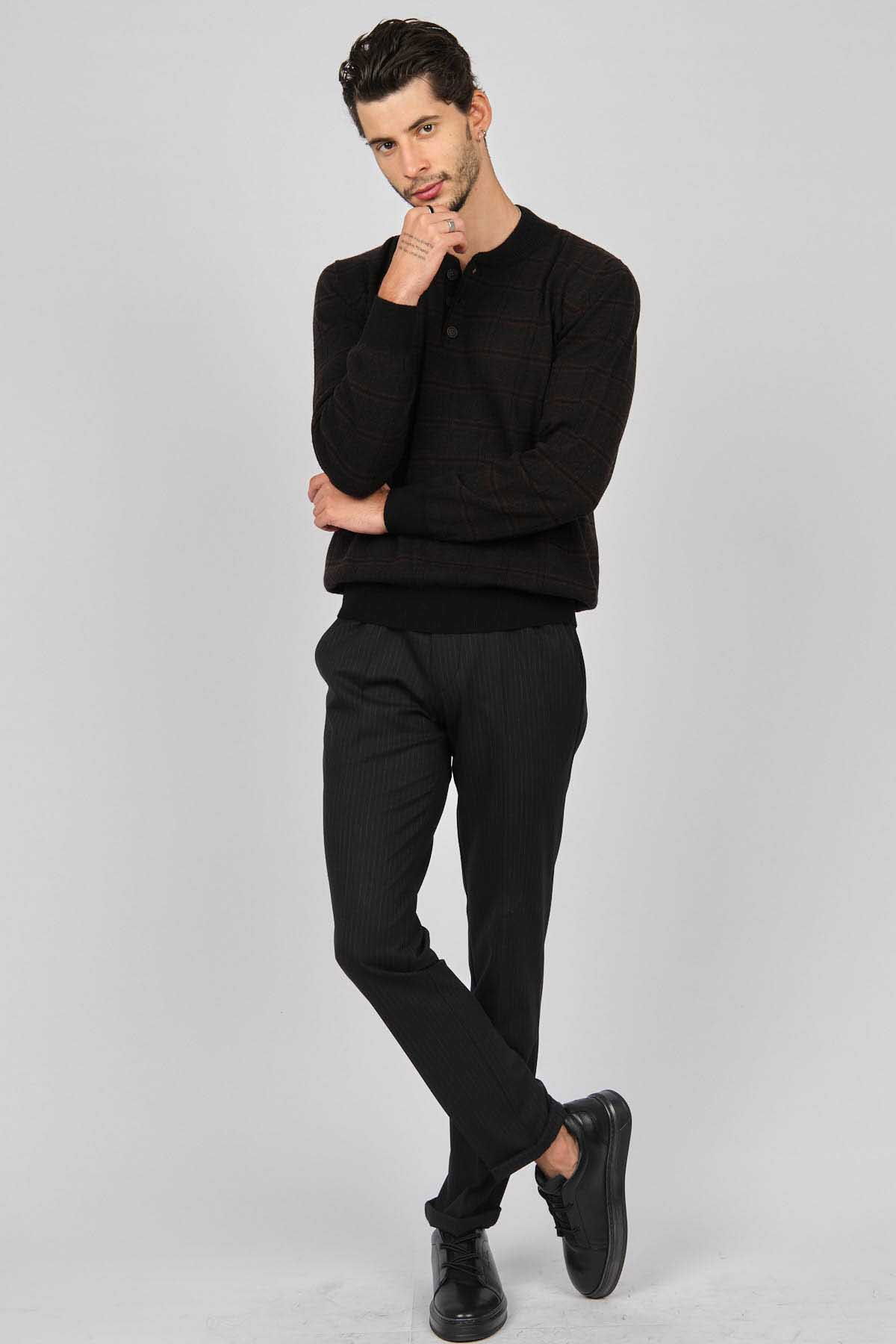 Desen Triko Erkek Düğmeli Yarım Balıkçı Desenli Saf Yün Kazak 0246571 Kahverengi - 2