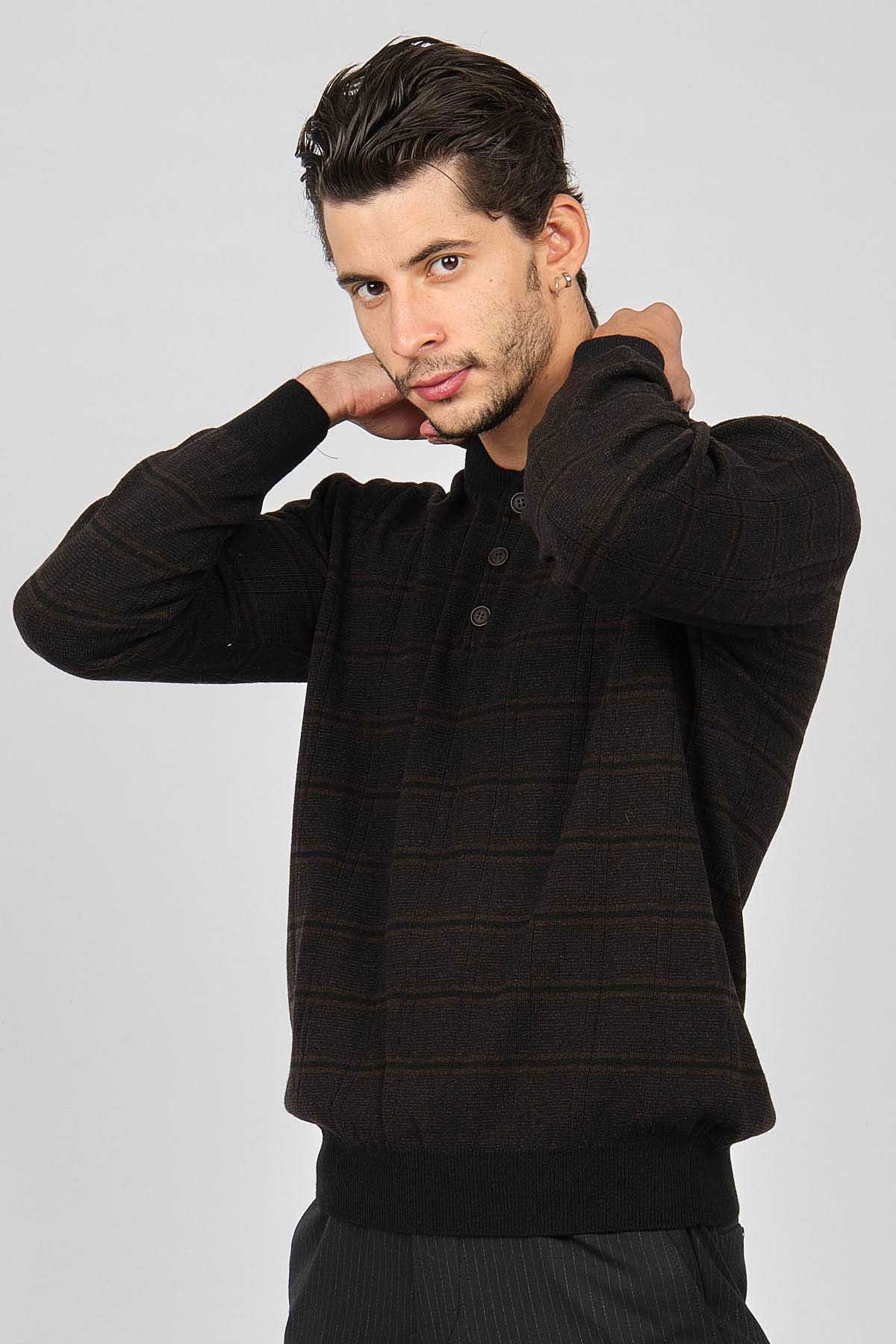 Desen Triko Erkek Düğmeli Yarım Balıkçı Desenli Saf Yün Kazak 0246571 Kahverengi - 3