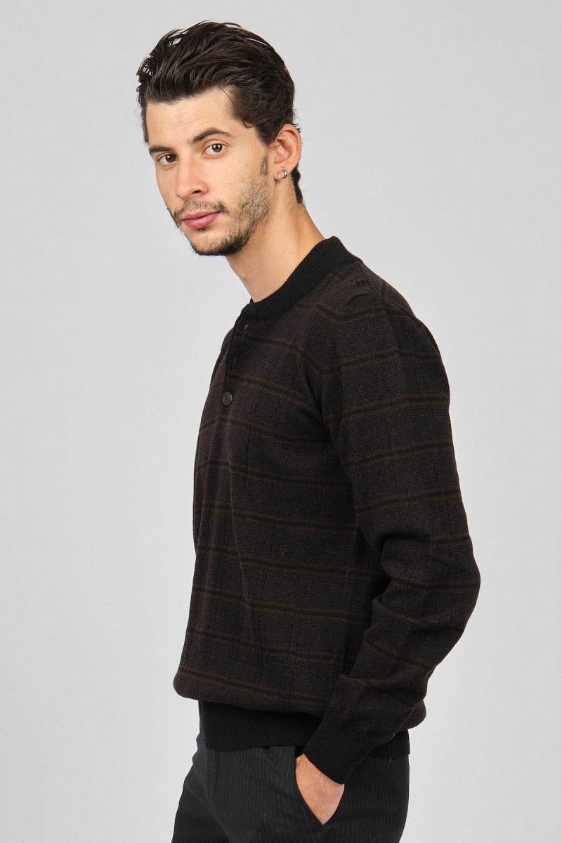 Desen Triko Erkek Düğmeli Yarım Balıkçı Desenli Saf Yün Kazak 0246571 Kahverengi - 4