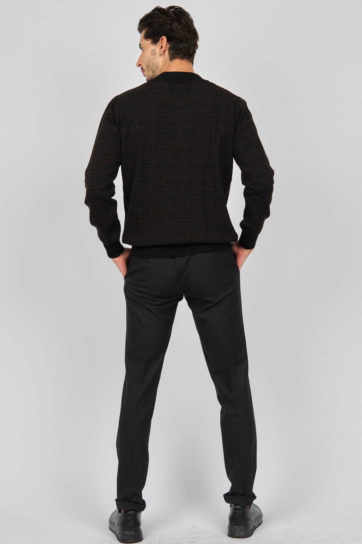 Desen Triko Erkek Düğmeli Yarım Balıkçı Desenli Saf Yün Kazak 0246571 Kahverengi - 5