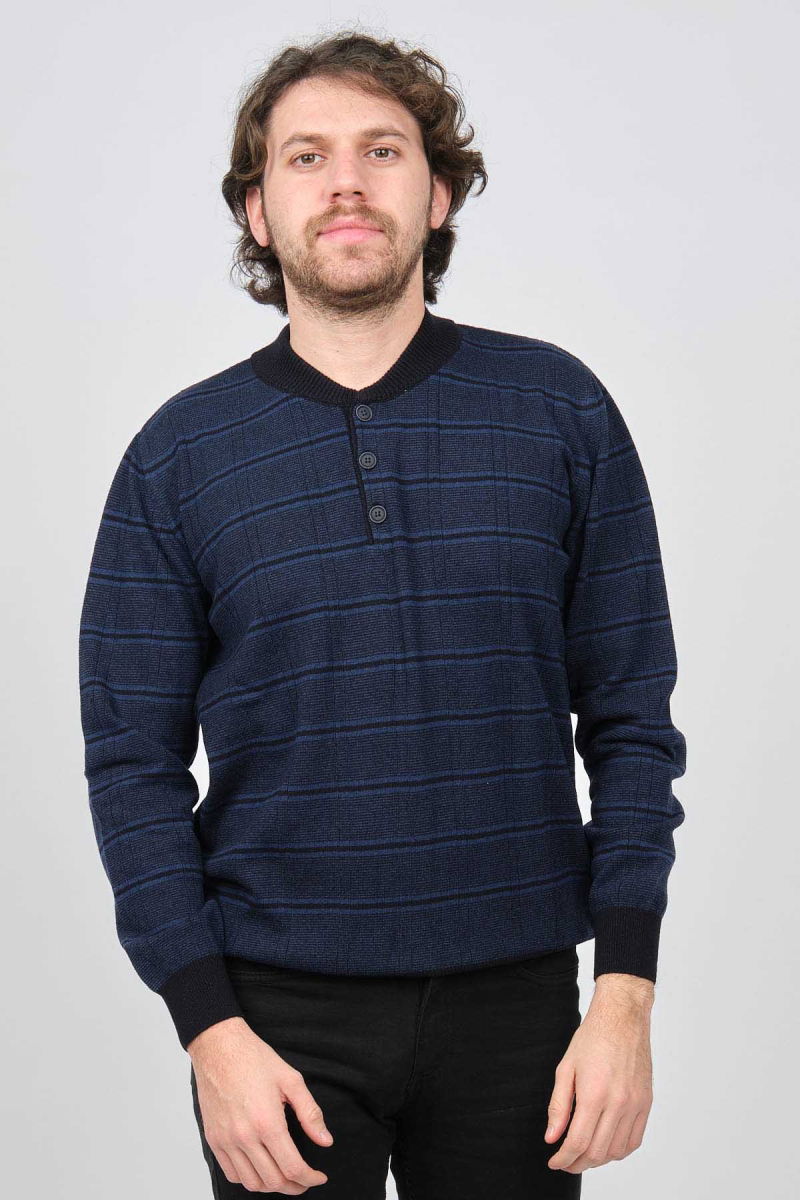 Desen Triko Erkek Düğmeli Yarım Balıkçı Desenli Saf Yün Kazak 0246571 Lacivert 