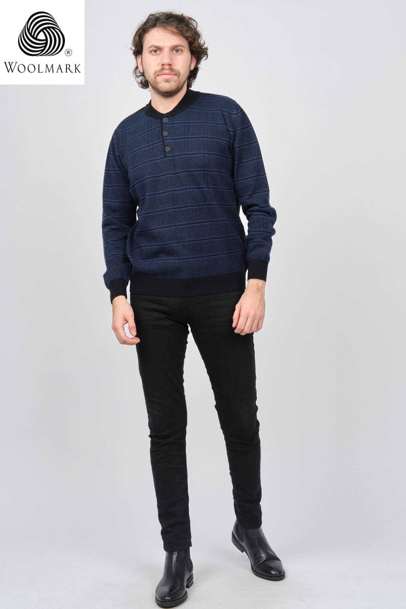 Desen Triko Erkek Düğmeli Yarım Balıkçı Desenli Saf Yün Kazak 0246571 Lacivert - 2