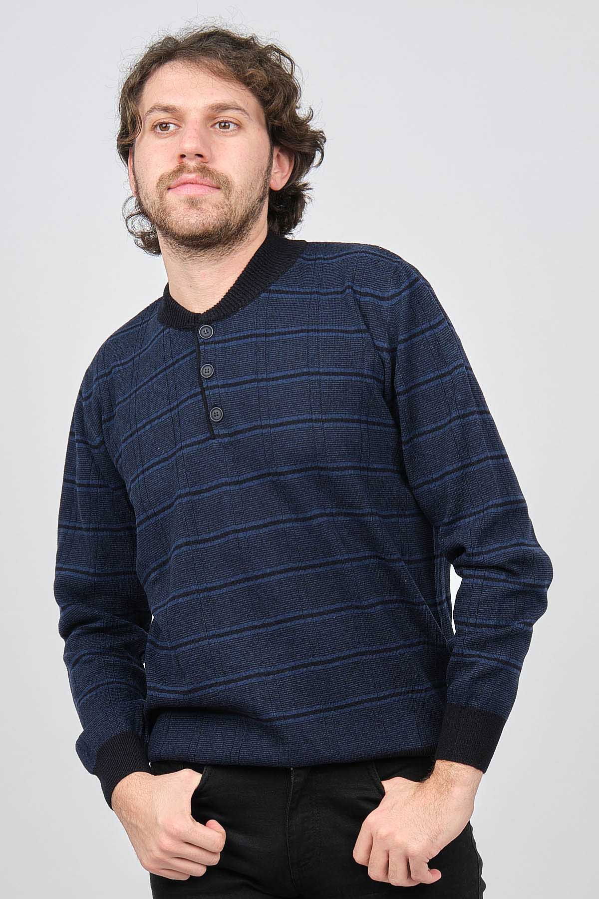 Desen Triko Erkek Düğmeli Yarım Balıkçı Desenli Saf Yün Kazak 0246571 Lacivert - 3