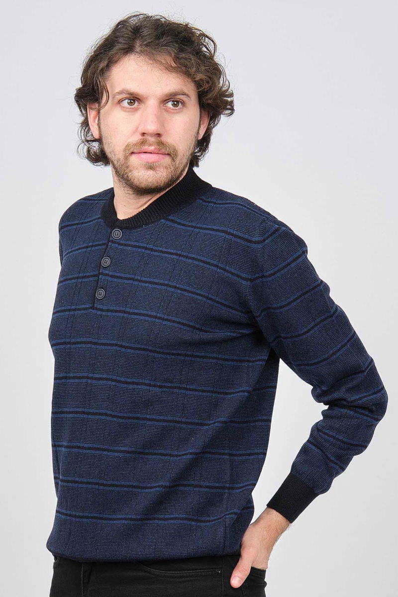 Desen Triko Erkek Düğmeli Yarım Balıkçı Desenli Saf Yün Kazak 0246571 Lacivert - 4