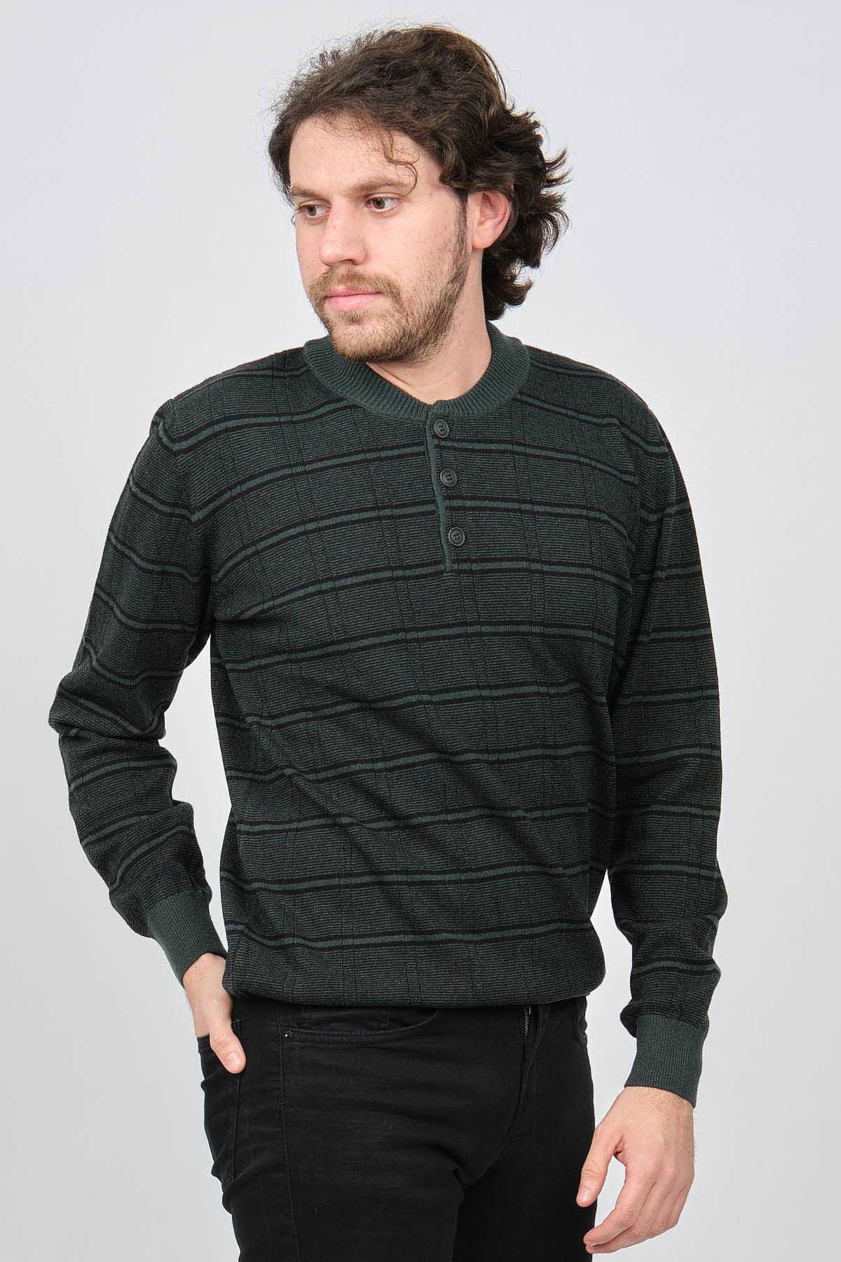 Desen Triko Erkek Düğmeli Yarım Balıkçı Desenli Saf Yün Kazak 0246571 Yeşil - 1