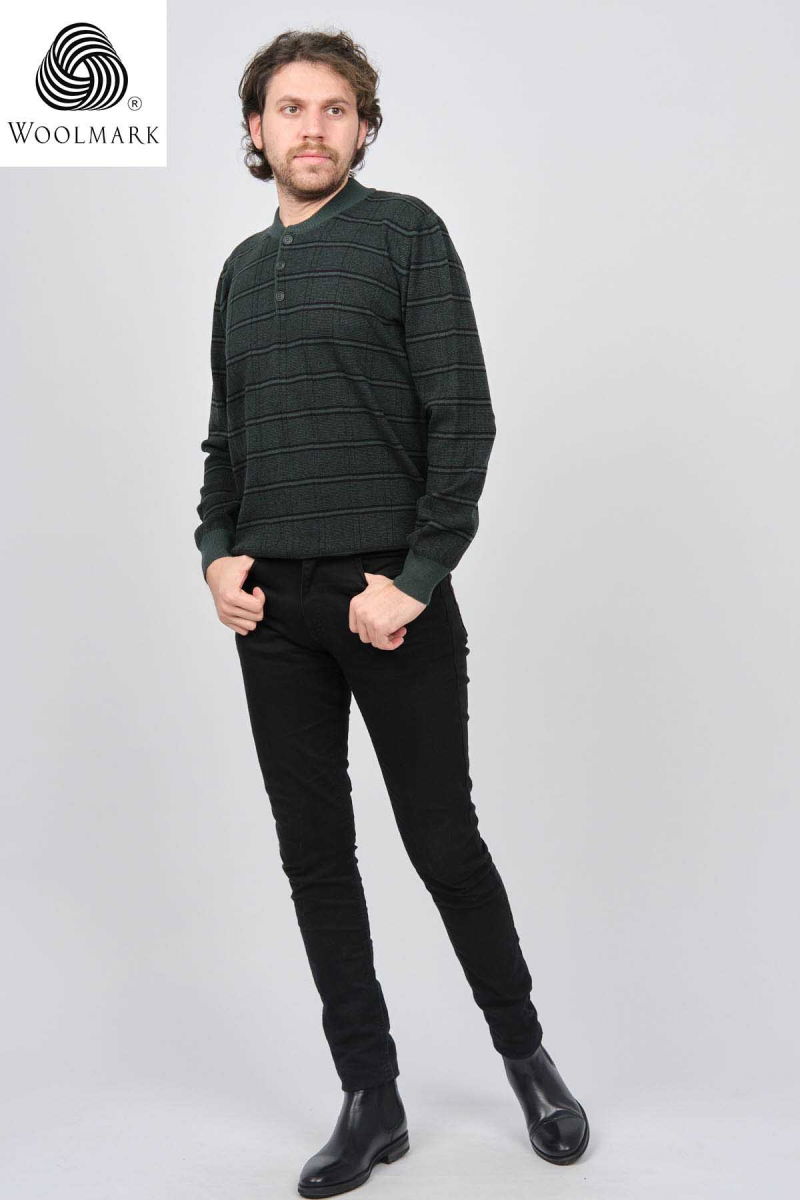 Desen Triko Erkek Düğmeli Yarım Balıkçı Desenli Saf Yün Kazak 0246571 Yeşil - 2