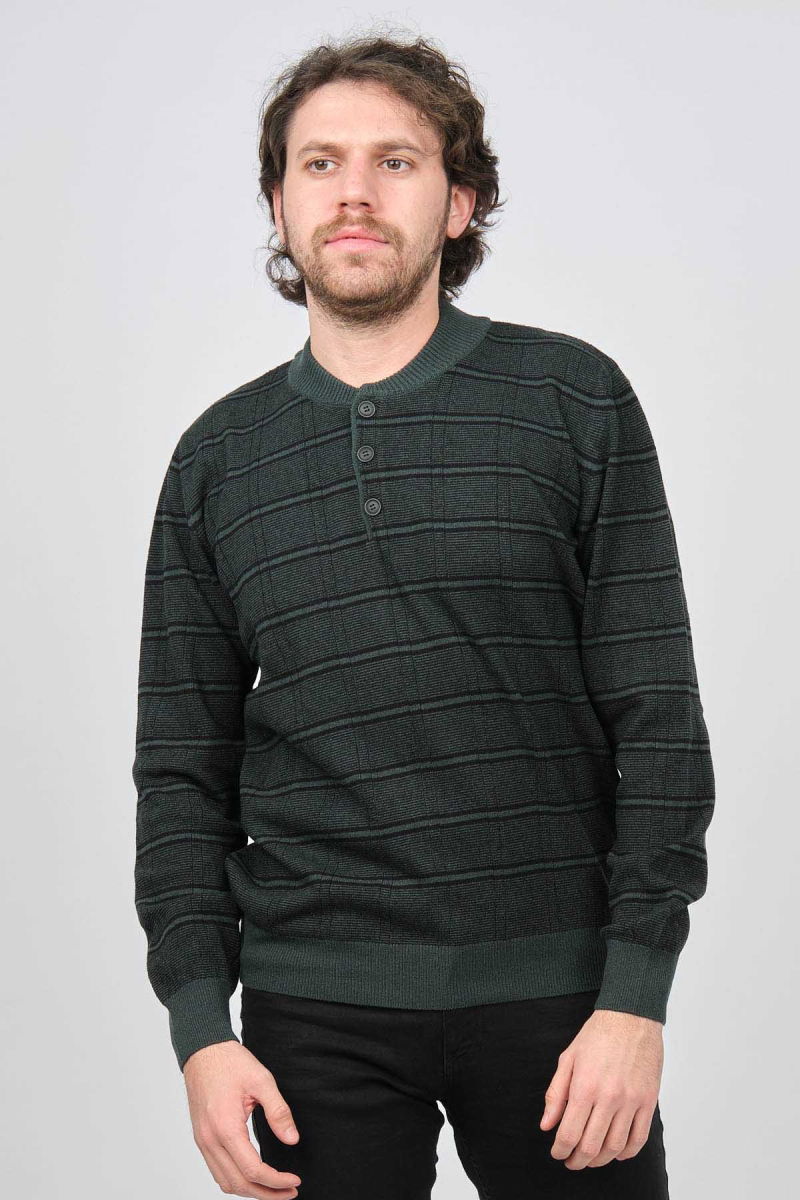 Desen Triko Erkek Düğmeli Yarım Balıkçı Desenli Saf Yün Kazak 0246571 Yeşil - 3