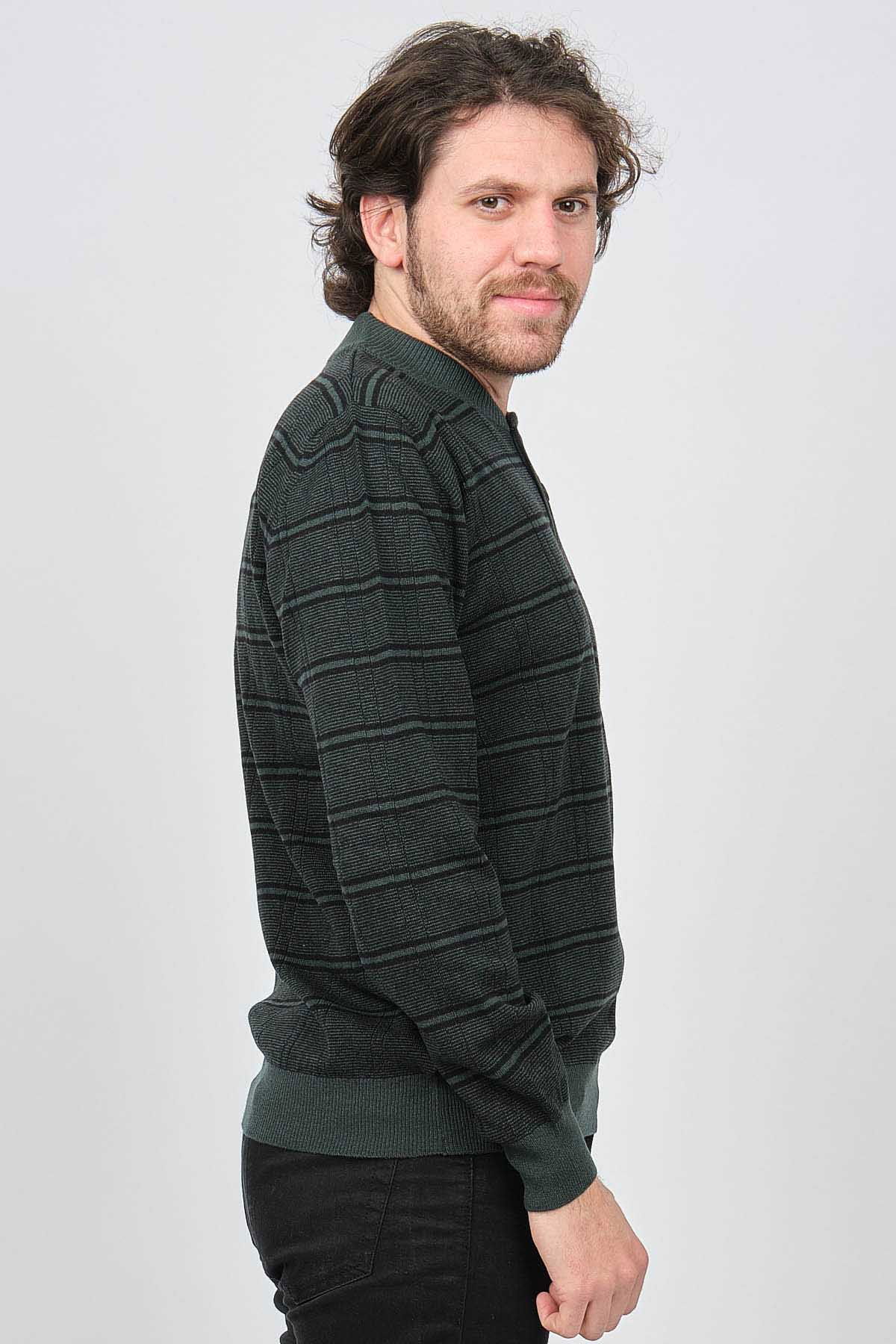 Desen Triko Erkek Düğmeli Yarım Balıkçı Desenli Saf Yün Kazak 0246571 Yeşil - 4