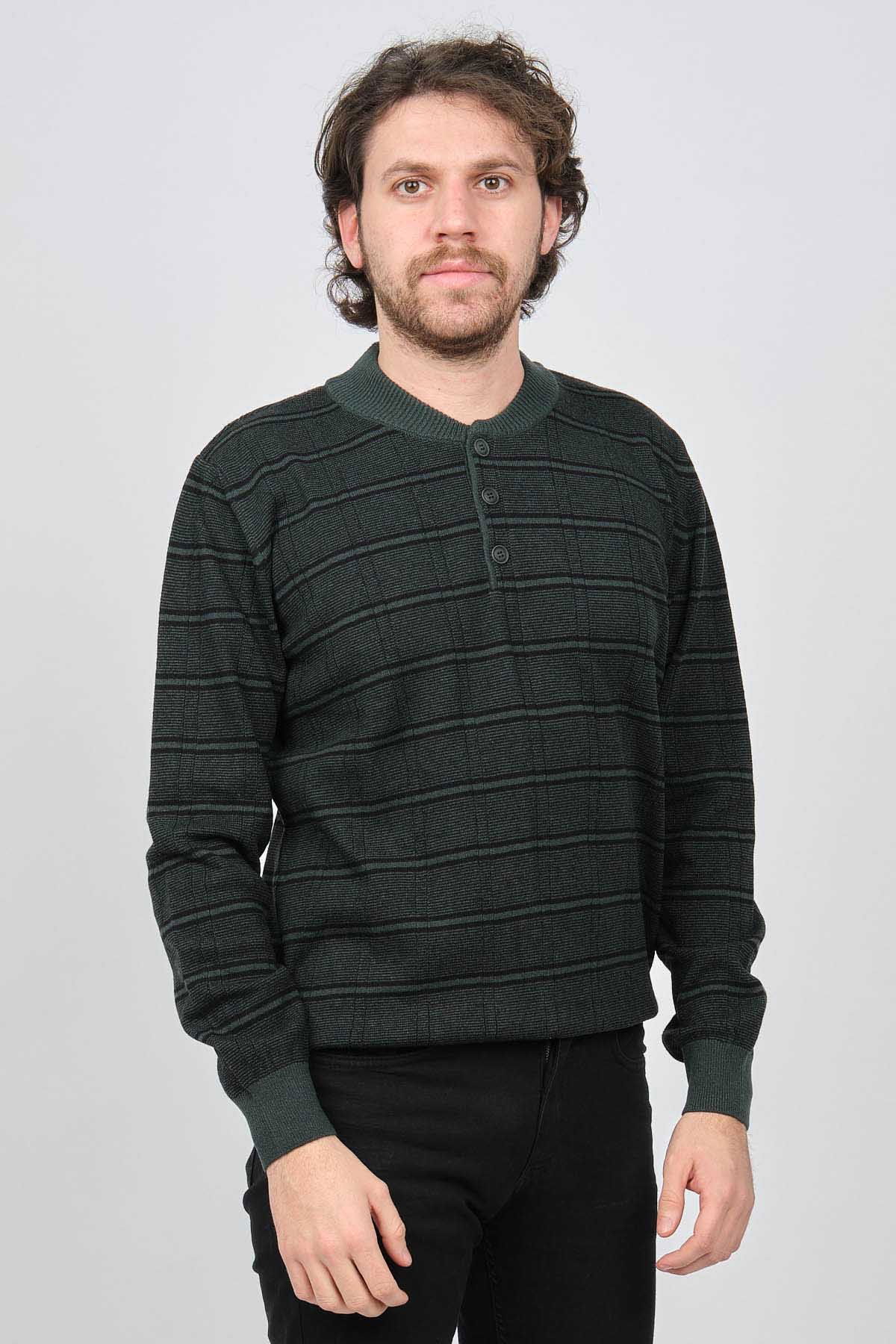 Desen Triko Erkek Düğmeli Yarım Balıkçı Desenli Saf Yün Kazak 0246571 Yeşil - 6