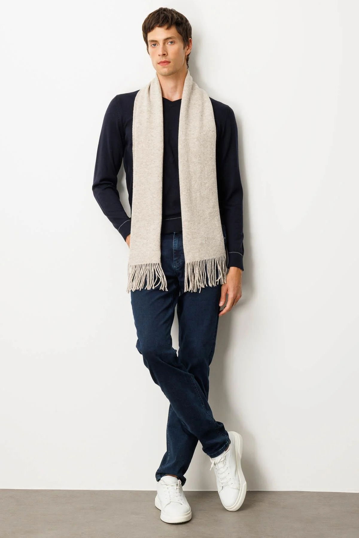 Desen Triko Erkek Düz Yün Kaşkol 22527 Bej - 2