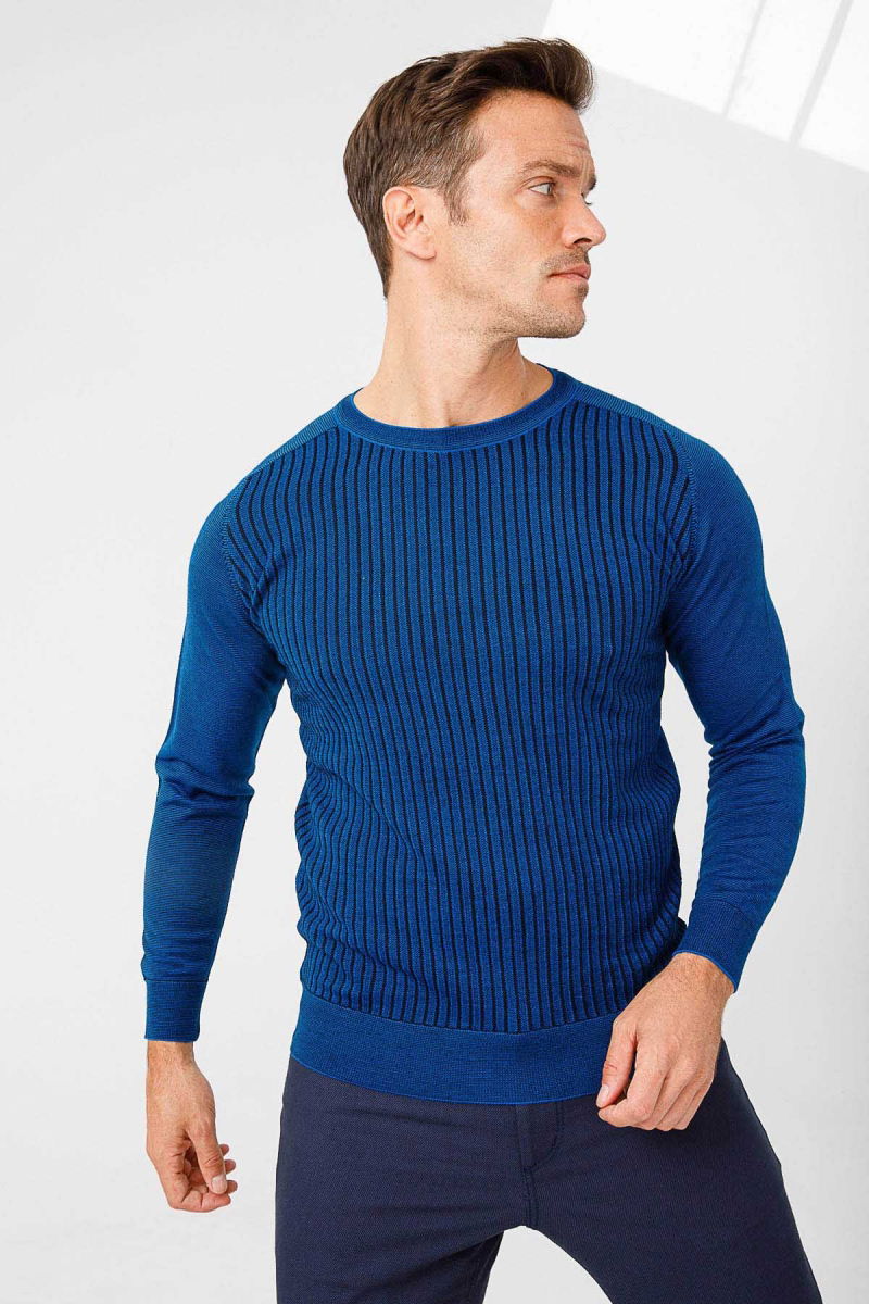 Desen Triko Erkek Önü Çizgili Triko Kazak 02421500 Saks - Desen Triko