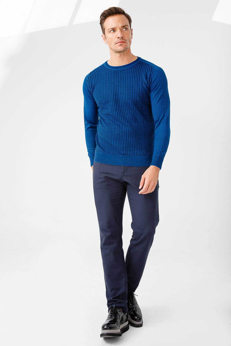 Desen Triko Erkek Önü Çizgili Triko Kazak 02421500 Saks - 2