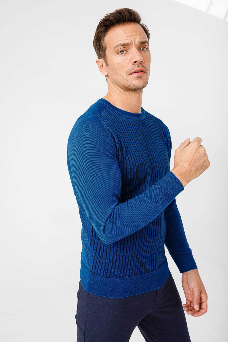 Desen Triko Erkek Önü Çizgili Triko Kazak 02421500 Saks - 3