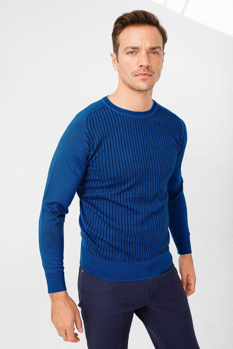 Desen Triko Erkek Önü Çizgili Triko Kazak 02421500 Saks - 6