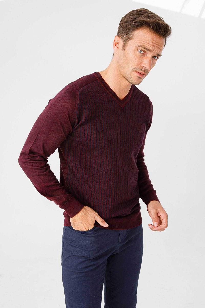 Desen Triko Erkek Önü Çizgili V Yaka Triko Kazak 02421501 Bordo - Desen Triko