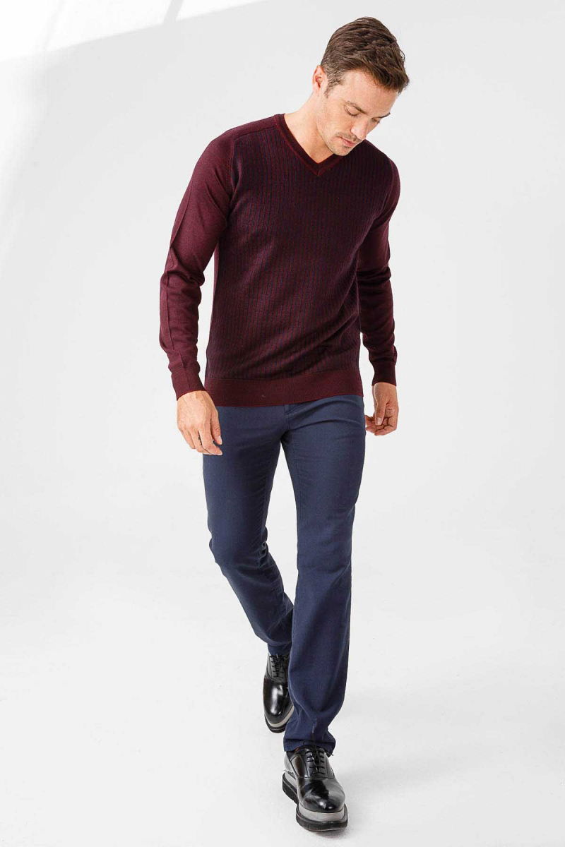 Desen Triko Erkek Önü Çizgili V Yaka Triko Kazak 02421501 Bordo - 2