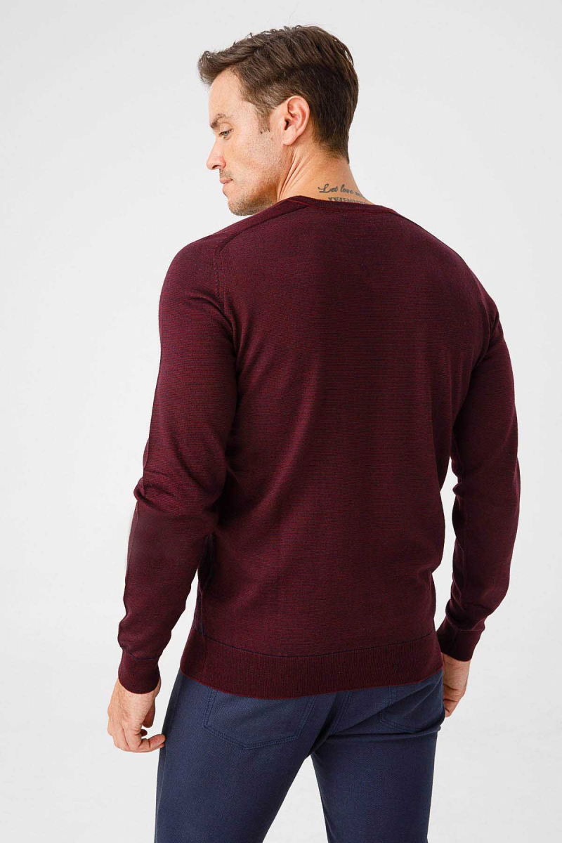 Desen Triko Erkek Önü Çizgili V Yaka Triko Kazak 02421501 Bordo - 4